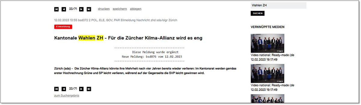 Abbildung 1: Screenshot Top News vom 12. Februar 2023 um 13:55 Uhr (direct.keystone-sda.ch)