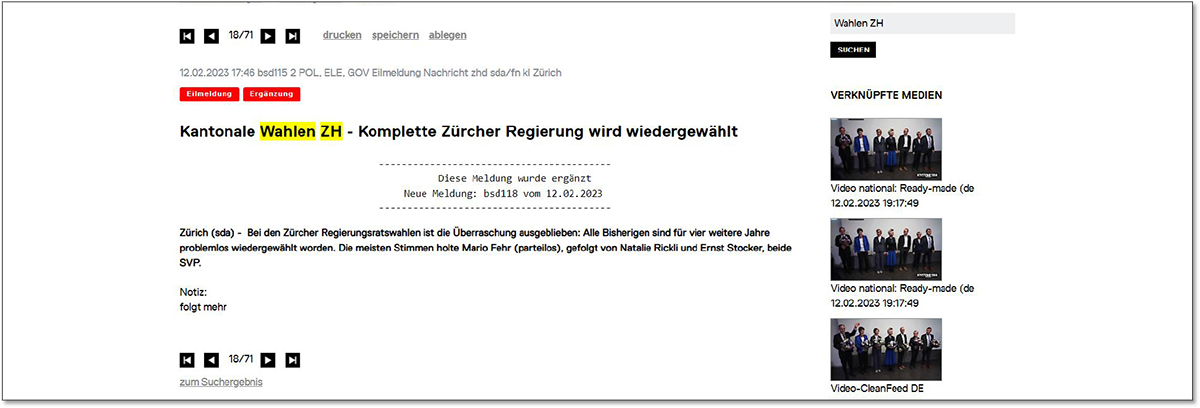Abbildung 2: Screenshot Top News vom 12. Februar 2023 um 17:46 Uhr (direct.keystone-sda.ch) Abbildung 2: Screenshot Top News vom 12. Februar 2023 um 17:46 Uhr (direct.keystone-sda.ch)