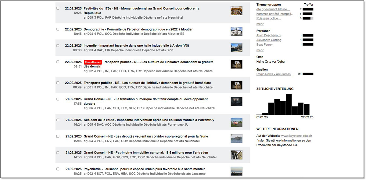 Abbildung 3: Screenshot Regio News Arc jurassien/Fribourg vom 22. Februar 2023 (direct.keystone-sda.ch) Abbildung 3: Screenshot Regio News Arc jurassien/Fribourg vom 22. Februar 2023 (direct.keystone-sda.ch)