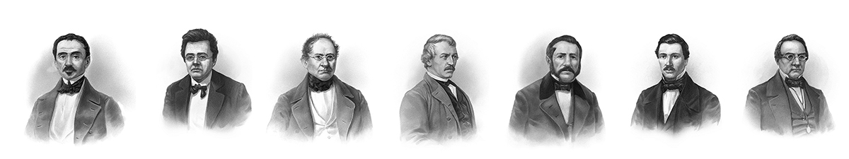 Membres de la Commission constitutionnelle fédérale (de gauche à droite) : Louis Rilliet-de Constant (GE), Caspar Jenny (GL), Raget Abys (GR), Jakob Robert Steiger (LU), Louis Wyrsch (NW), Alois Michel (NW), Wilhelm Mathias Naeff (SG). (Gravures de Markus Roost / Editions Echtzeit / KEYSTONE)