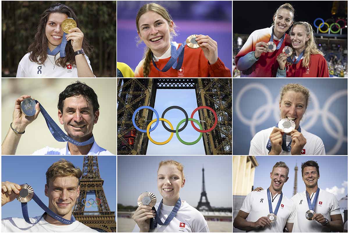 623990745 - Die acht Schweizer Medaillengewinnerinnen und Medaillengewinner der Olympischen Sommerspiele 2024 in Paris mit Chiara Leone (Gold im Schiessen), Zoe Claessens (Bronze im BMX), Tanja Hüberli und Nina Brunner (Bronze im Beachvolleyball), Steve Guerdat (Silber im Reiten), Julie Derron (Silber im Triathlon), Roman Mityukov (Bronze im Schwimmen), Audrey Gogniat (Bronze im Schiessen) sowie Roman Röösli und Andrin Gulich (Bronze im Rudern) von links nach rechts und von oben nach unten. Fotos: KEYSTONE/ Anthony Anex/ Patrick B.Krämer/ Laurent Gilliéron 623990745 - Die acht Schweizer Medaillengewinnerinnen und Medaillengewinner der Olympischen Sommerspiele 2024 in Paris mit Chiara Leone (Gold im Schiessen), Zoe Claessens (Bronze im BMX), Tanja Hüberli und Nina Brunner (Bronze im Beachvolleyball), Steve Guerdat (Silber im Reiten), Julie Derron (Silber im Triathlon), Roman Mityukov (Bronze im Schwimmen), Audrey Gogniat (Bronze im Schiessen) sowie Roman Röösli und Andrin Gulich (Bronze im Rudern) von links nach rechts und von oben nach unten. Fotos: KEYSTONE/ Anthony Anex/ Patrick B.Krämer/ Laurent Gilliéron