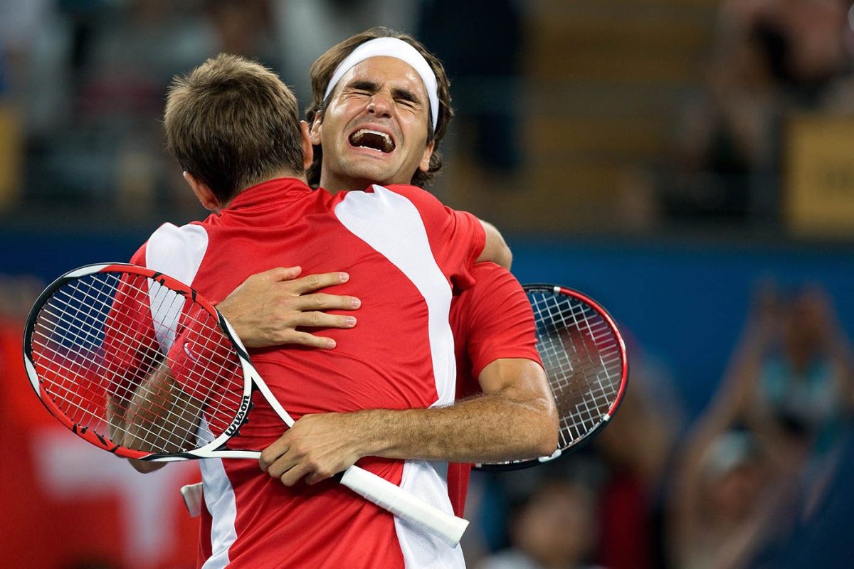 Stanislas Wawrinka et Roger Federer le 16 août 2008 à Pékin. Photo : Keystone-ATS / Alessandro Della Bella Stanislas Wawrinka et Roger Federer le 16 août 2008 à Pékin. Photo : Keystone-ATS / Alessandro Della Bella