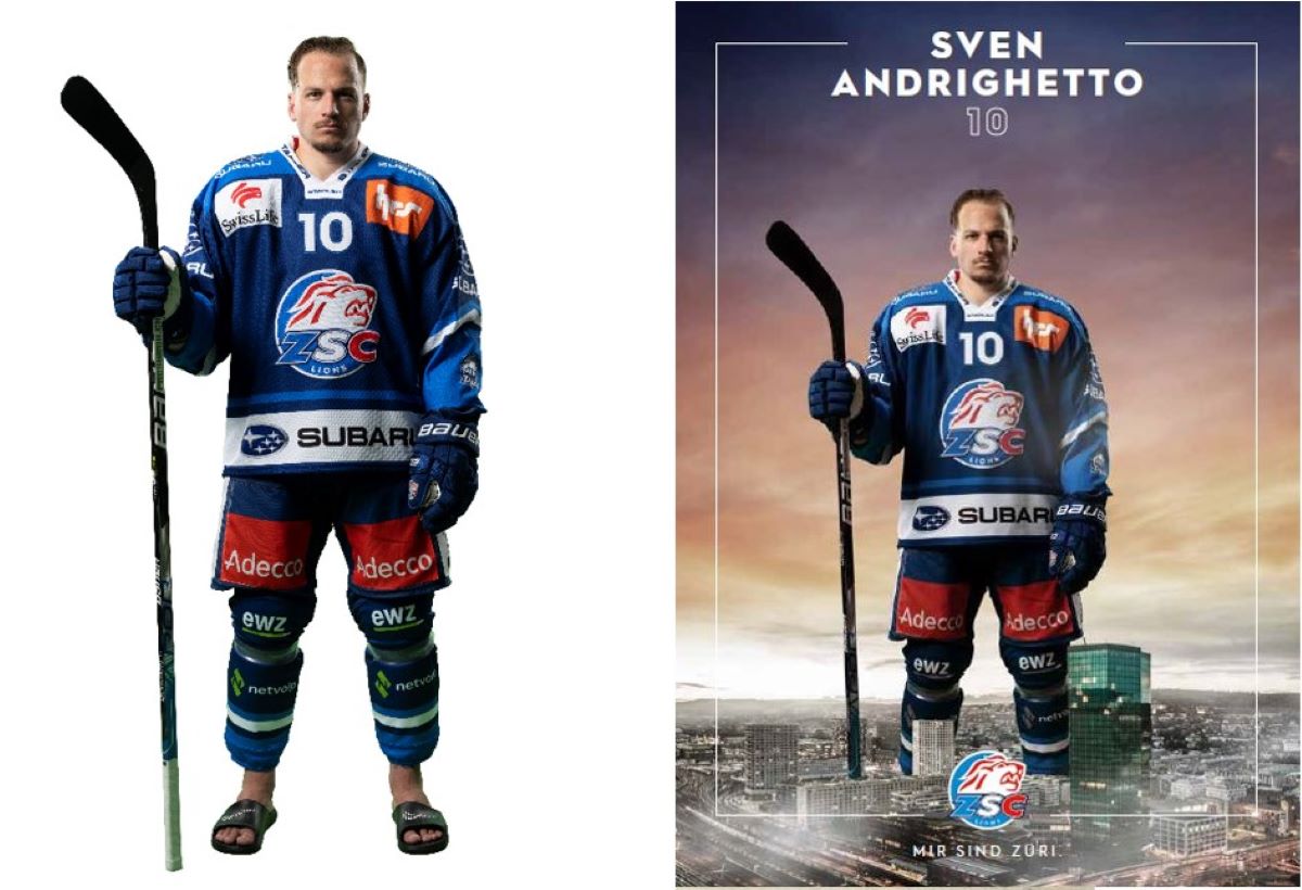 Assignment for  ZSC Lions  - left : Photo: Keystone-SDA / Christian Beutler  - right:  ZSC Lions autograph card,  layout Koch Kommunikation