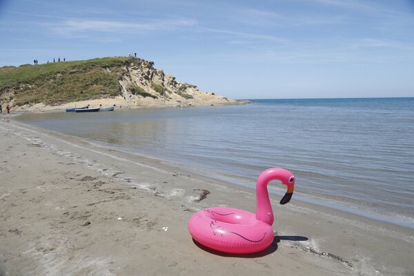 An inflatable flamingo is seen on the beach in the area planned for the coastal resort project linked to Jared Kushner, son-in-law of US President Donald Trump near Vlora, Albania