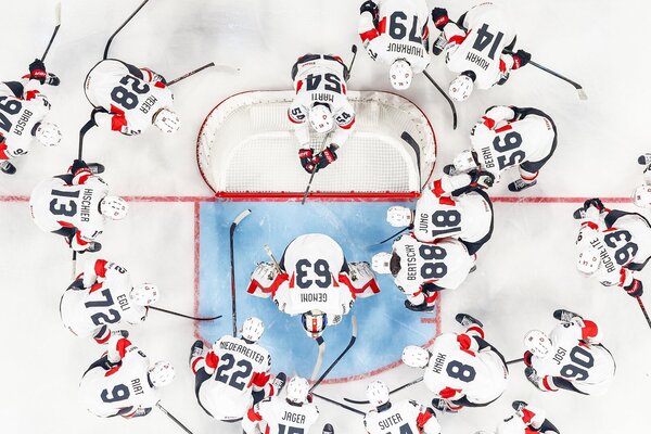 The players of Team Switzerland before the 2026 IIHF Men's Ice Hockey World Championship preliminary round group A game between United States and Switzerland