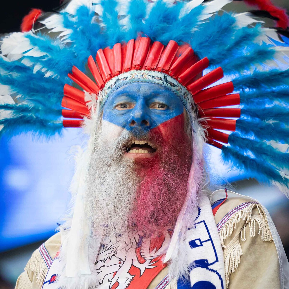 A fan of Czech Republic plays his drum during the 2026 IIHF Men's Ice Hockey World Championship preliminary round group B game between Sweden and Czech Republic