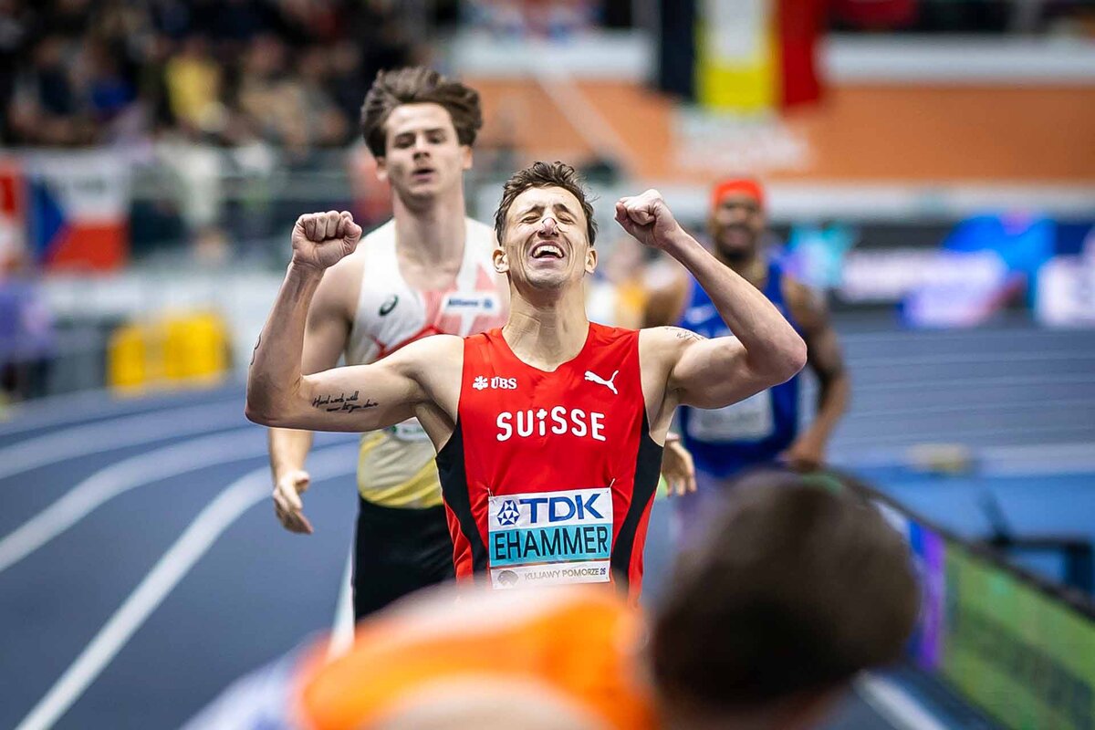 Gold medalist Simon Ehammer of Switzerland reacts as he crosses the finish line in the men's 1'000 meters heptathlon competition and breaks the world indoor record at the World Athletics Indoor Championships