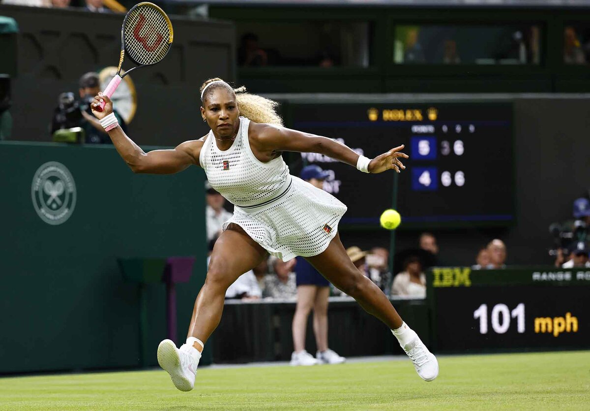 Serena Williams of the USA in action during her Women's Singles first round match against Maya Joint of Australia at the 2026 Wimbledon Championships in London,