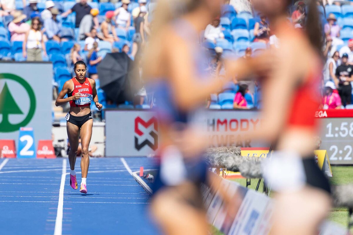 Audrey Werro of Switzerland finishes the women's 800 meters semi-final after falling at the European Athletics Championships, in the Alexander Stadium, Birmingham, United Kingdom.