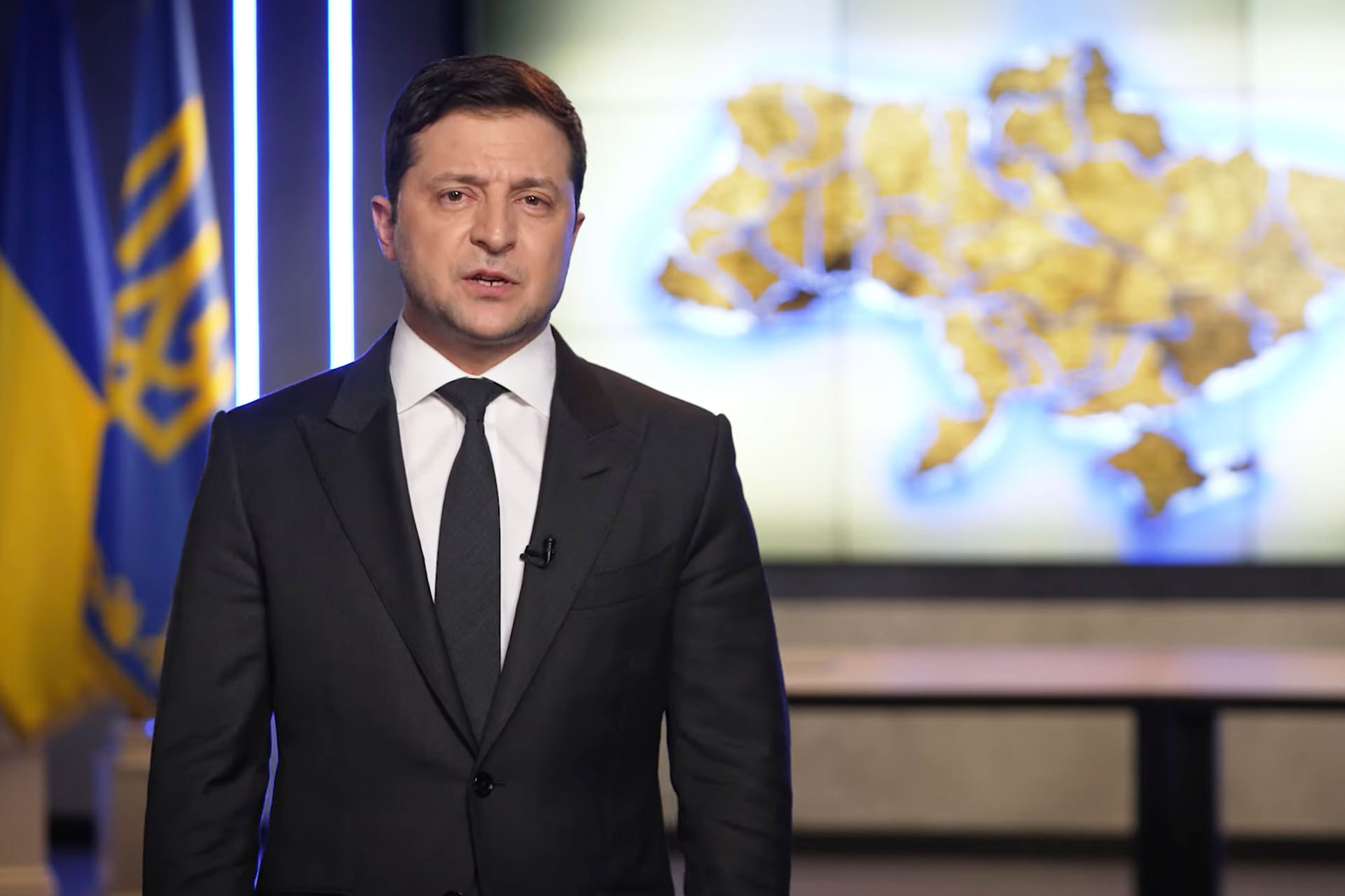 In this handout photo taken from video provided by the Ukrainian Presidential Press Office, Ukrainian President Volodymyr Zelenskyy addresses the nation in Kyiv, Ukraine,